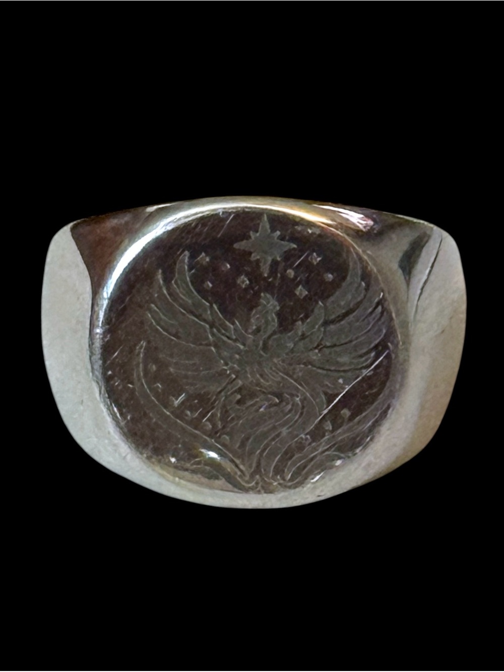 Silver tone laser engraved rising Phoenix signet ring